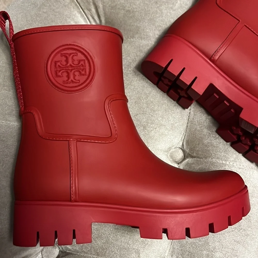 Tory Burch red ankle rain boots, new, size 7